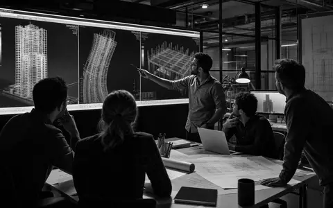 ANSYS Inc. Ingenieure analysieren gemeinsam in dokumentarischer Schwarz-Weiß-Reportage komplexe Struktursimulationsergebnisse, ISIN US0357101090 - Foto: THN