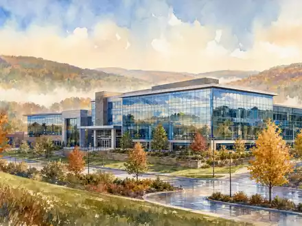 ANSYS Inc. Technologiecampus in Canonsburg als stimmungsvolles Aquarell mit herbstlichen Bäumen, ISIN US0357101090 - Foto: THN