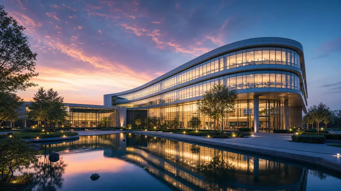 Architekturvisualisierung eines geschwungenen Glasgebäudes mit Spiegelteich bei Sonnenuntergang