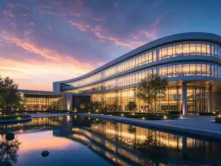 ANSYS Inc. modernes Technologie-Hauptquartier als Architektur-Render mit Glasfassade bei Dämmerung, ISIN US0357101090 - Foto: THN