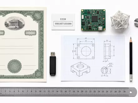 ANSYS Inc. Flatlay mit Aktienzertifikat, ISIN-Karte und branchentypischen technischen Engineering-Utensilien, ISIN US0357101090 - Foto: THN