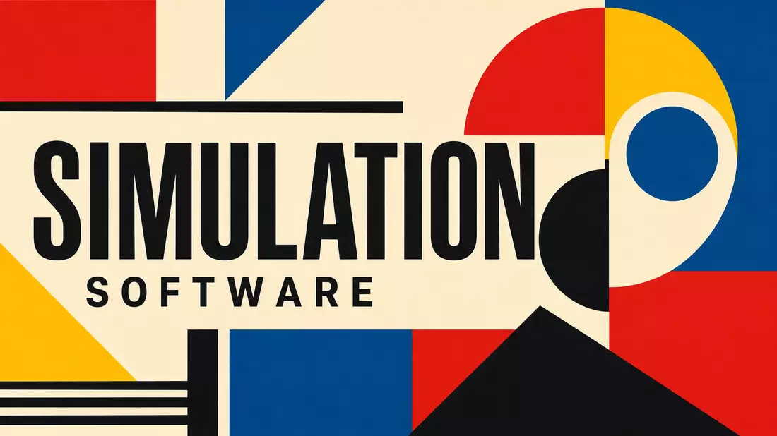 Bauhaus-Poster mit geometrischen Formen und dem Text SIMULATION SOFTWARE