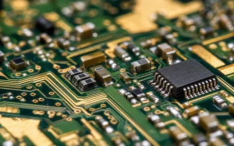 ANSYS Inc. Makroaufnahme einer Leiterplatte mit goldenen Kupferleiterbahnen und Mikrochips, ISIN US0357101090 - Foto: THN