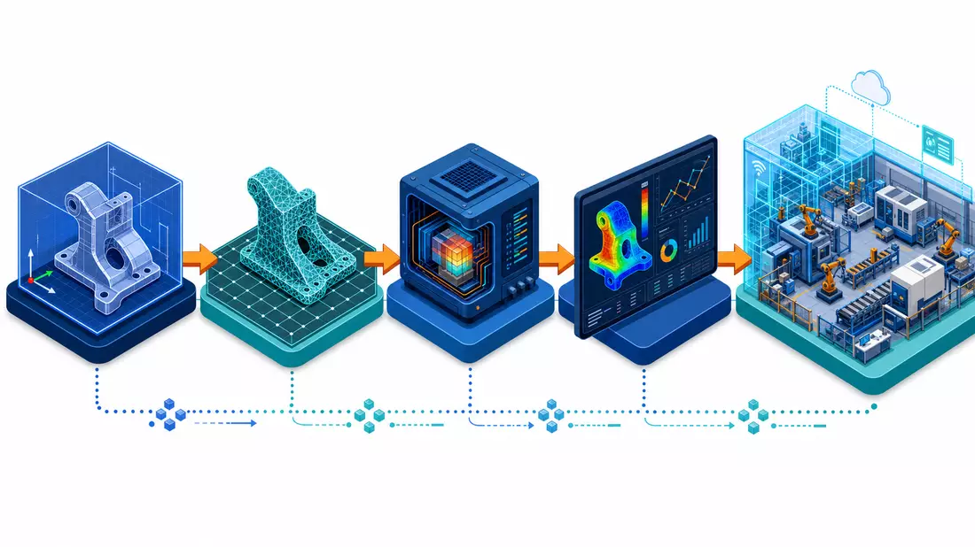 Isometrische 3D-Illustration der Simulationssoftware-Prozesskette von CAD zu Digital Twin