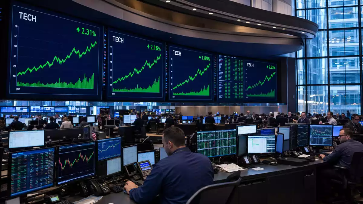 NASDAQ-Börsensaal mit Händlern und großen Bildschirmen mit steigenden Technologieaktienkursen