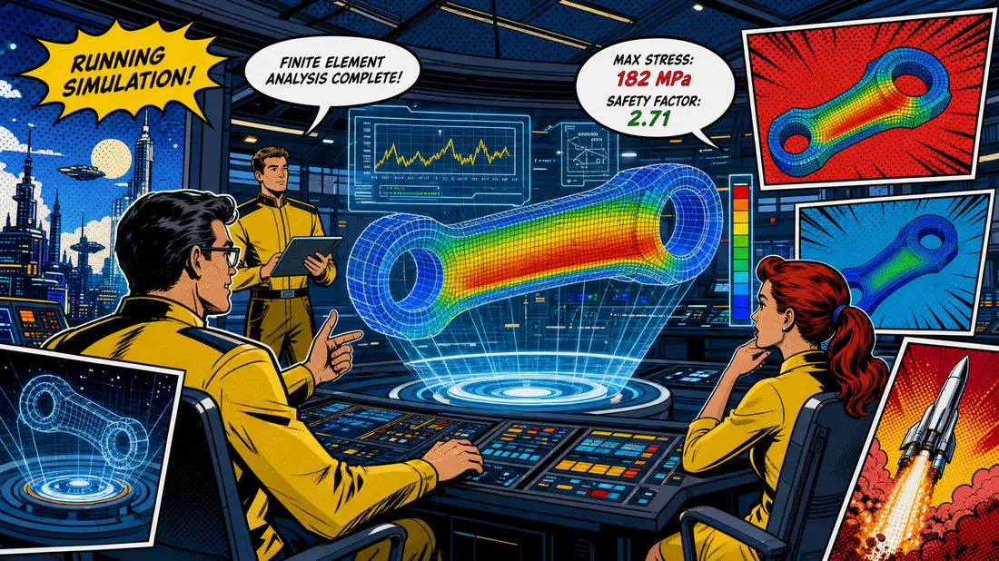 Bunter Pop-Art-Comic mit Ingenieuren die holografische Finite-Elemente-Simulation analysieren