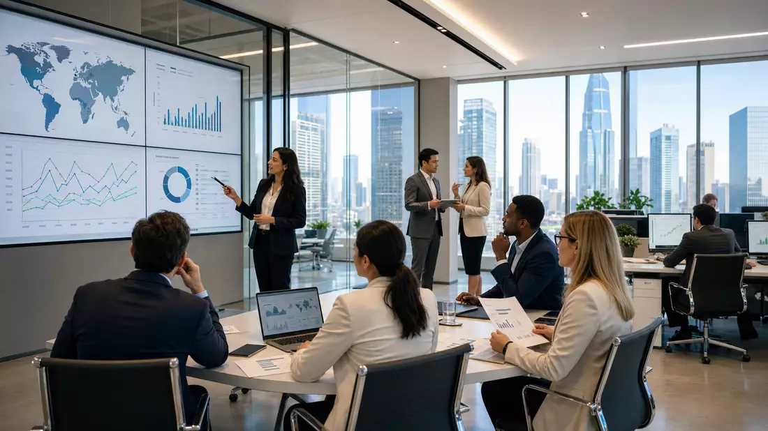 Aon plc Risikomanagement-Team analysiert Versicherungsdaten im modernen Büro