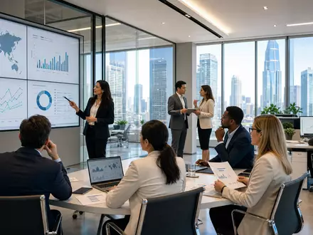 Aon plc IE00BLP1HW54 zeigt Risikoanalysten die globale Versicherungsdaten in einem modernen Konferenzbüro präsentieren - Foto: THN