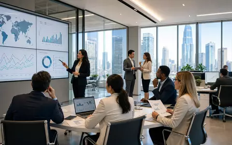 Aon plc IE00BLP1HW54 zeigt Risikoanalysten die globale Versicherungsdaten in einem modernen Konferenzbüro präsentieren - Foto: THN
