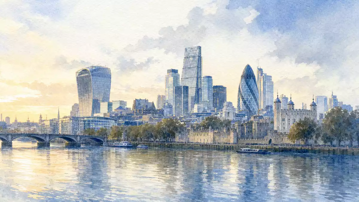 Aquarell-Panorama der Londoner City mit Themse-Spiegelungen für Aon plc IE00BLP1HW54