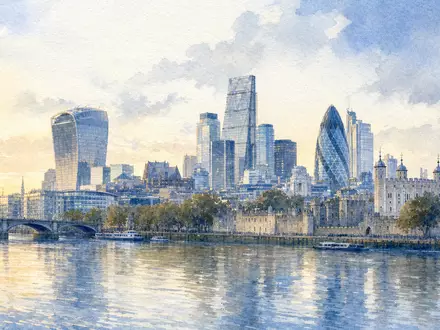 Aon plc IE00BLP1HW54 zeigt das Londoner Finanzviertel in zarter Aquarell Panoramaansicht über der Themse - Foto: THN