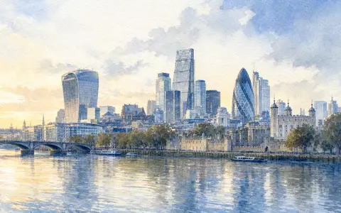 Aon plc IE00BLP1HW54 zeigt das Londoner Finanzviertel in zarter Aquarell Panoramaansicht über der Themse - Foto: THN