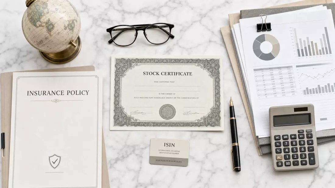 Draufsicht Flatlay mit Versicherungsdokumenten und ISIN-Karte für Aon plc IE00BLP1HW54