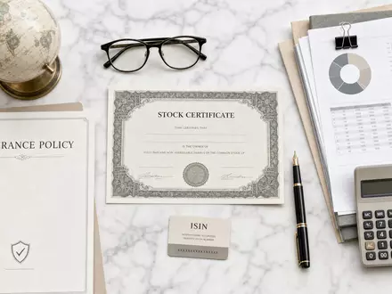 Aon plc IE00BLP1HW54 Flatlay zeigt Versicherungspolice Aktienzertifikat ISIN Karte Globus und Taschenrechner von oben - Foto: THN