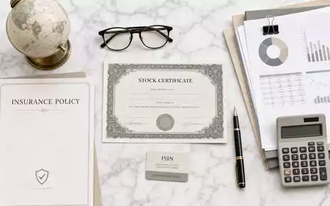Aon plc IE00BLP1HW54 Flatlay zeigt Versicherungspolice Aktienzertifikat ISIN Karte Globus und Taschenrechner von oben - Foto: THN