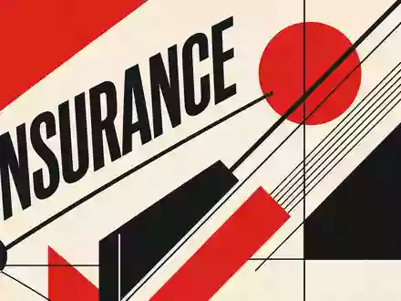 Aon plc IE00BLP1HW54 im Bauhaus Grafikposter mit geometrischen Formen in Rot Schwarz und Wort INSURANCE - Foto: THN