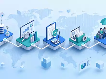 Aon plc IE00BLP1HW54 zeigt eine isometrische 3D Darstellung der globalen Versicherungs Wertschöpfungskette in Blau - Foto: THN