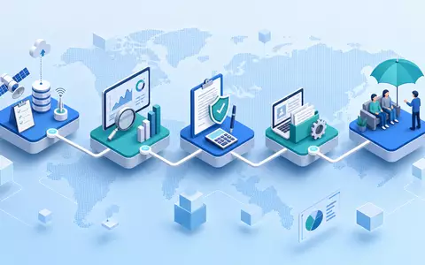 Aon plc IE00BLP1HW54 zeigt eine isometrische 3D Darstellung der globalen Versicherungs Wertschöpfungskette in Blau - Foto: THN