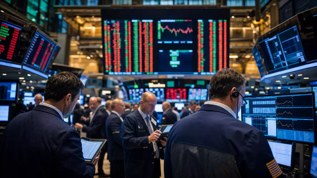 NYSE Börsenparkett mit Händlern und Kurstafeln für Aon plc IE00BLP1HW54 Börsen-Editorial