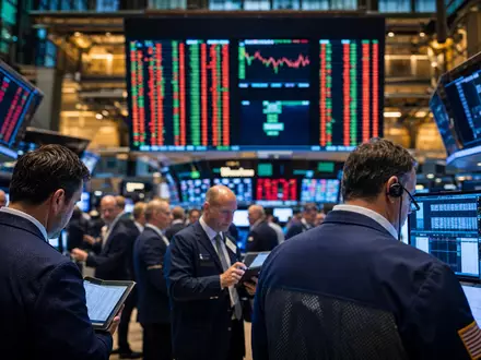 Aon plc IE00BLP1HW54 Börsen Editorial zeigt NYSE Handelsparkett mit Brokern und digitalen Kurstafeln im Hintergrund - Foto: THN