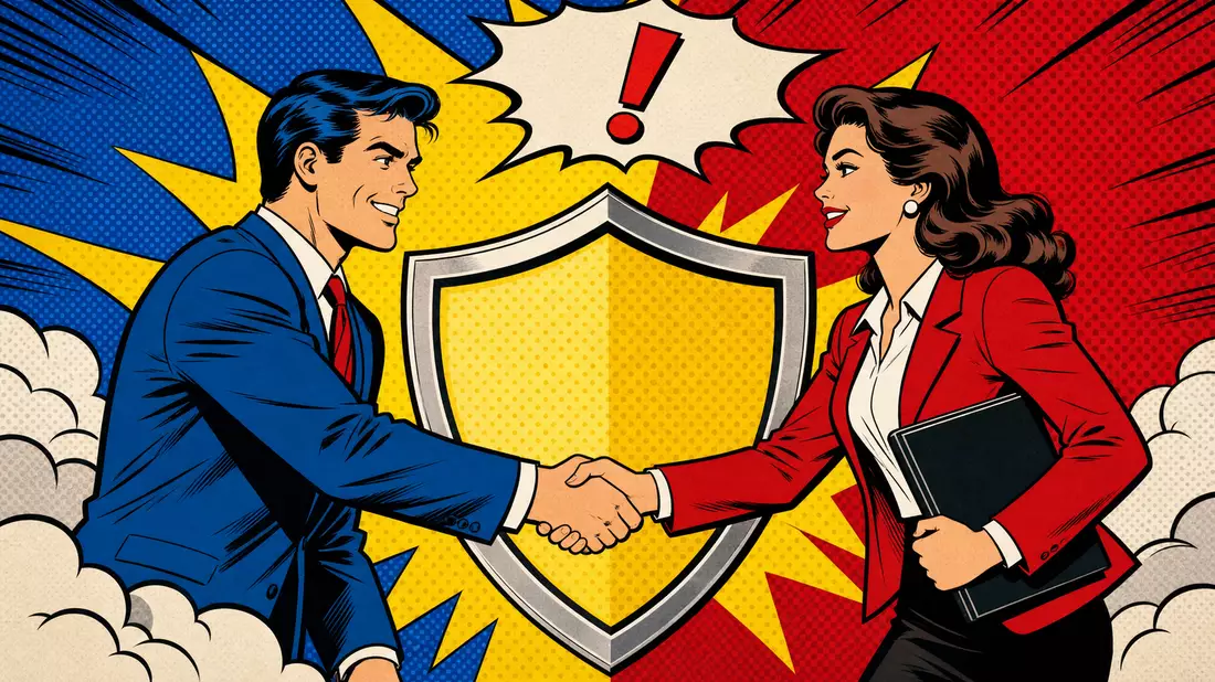 Pop-Art-Comic Versicherungsmakler Handschlag mit Schutzschild für Aon plc IE00BLP1HW54