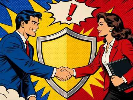 Aon plc IE00BLP1HW54 Pop Art Comic zeigt zwei Versicherungsmakler beim Handschlag vor einem Schutzschild - Foto: THN
