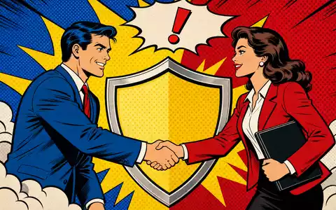 Aon plc IE00BLP1HW54 Pop Art Comic zeigt zwei Versicherungsmakler beim Handschlag vor einem Schutzschild - Foto: THN