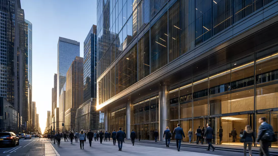 Modernes Finanzhochhaus im Sonnenaufgang, Geschäftsleute betreten das Gebäude