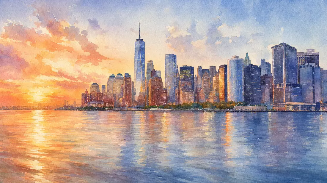 Aquarellmalerei der New Yorker Finanzdistrikt-Skyline mit Flussreflexionen bei Abenddämmerung