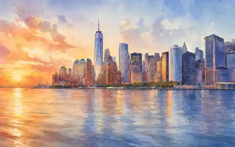 Apollo Global Management US0376123065 New Yorker Skyline als impressionistisches Aquarellgemälde bei Sonnenuntergang - Foto: THN