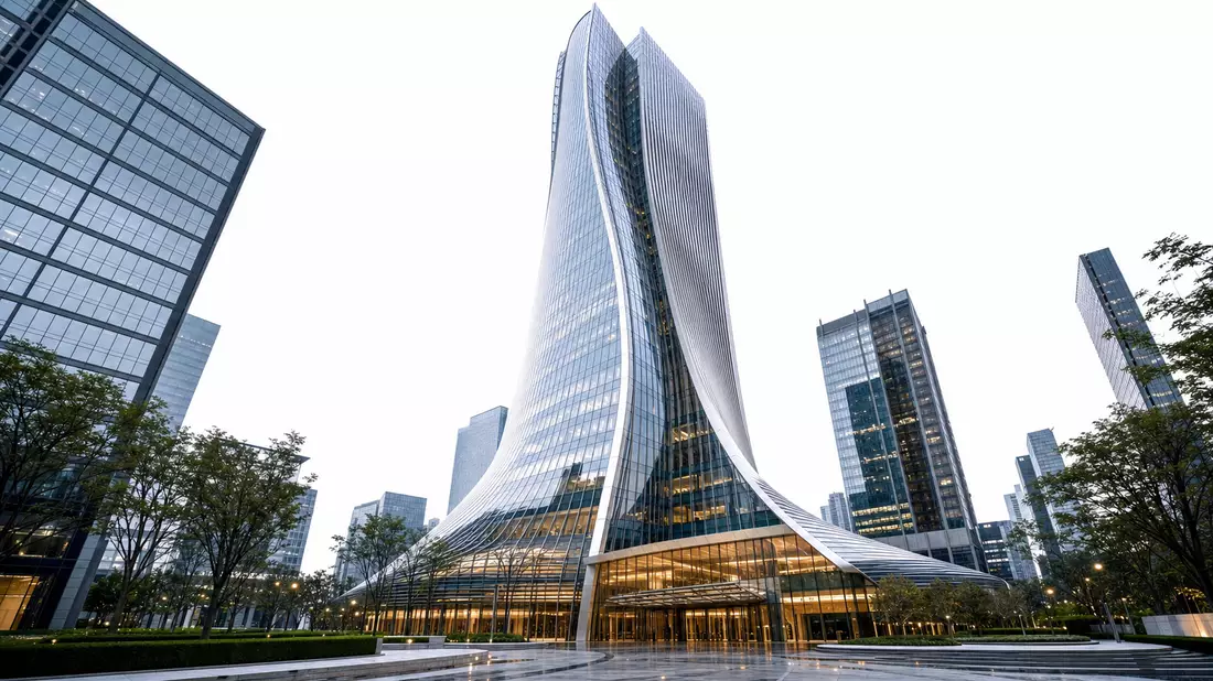 CGI-Architekturrender eines futuristischen Glas-Stahl-Hochhauses mit geschwungener Fassade