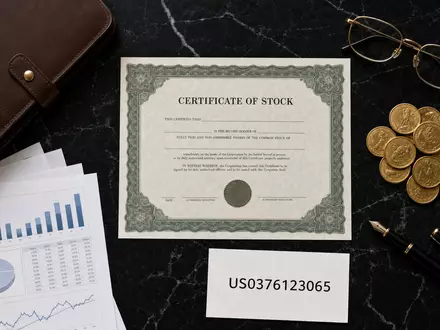 Apollo Global Management US0376123065 Aktien-Zertifikat und Finanzutensilien als elegantes Flatlay auf Marmor - Foto: THN