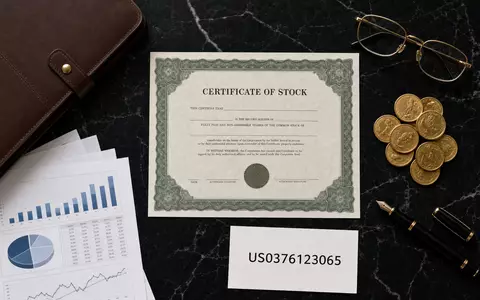 Apollo Global Management US0376123065 Aktien-Zertifikat und Finanzutensilien als elegantes Flatlay auf Marmor - Foto: THN