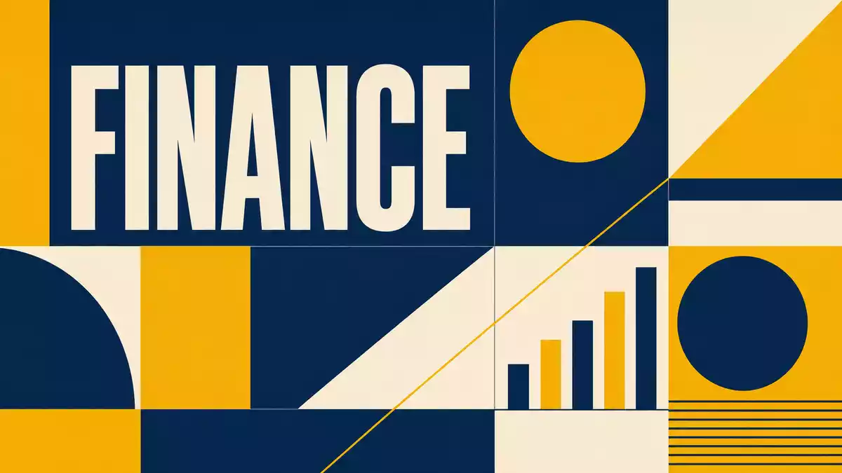 Bauhaus-Poster mit geometrischen Formen, Kreisen und dem Text FINANCE in Navy und Gold