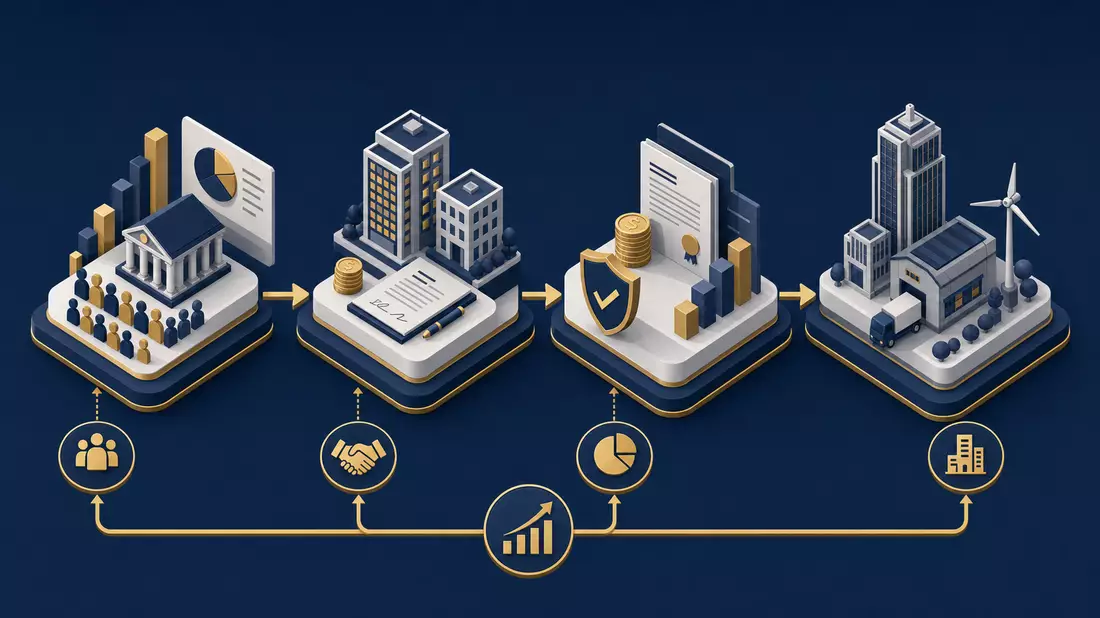 Isometrisches 3D-Diagramm zeigt die Wertschöpfungskette eines alternativen Asset Managers