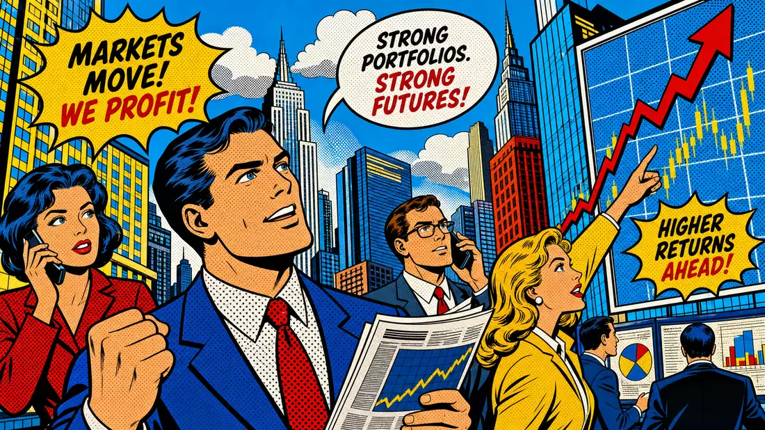 Pop-Art-Comic mit stilisierten Finanzprofis, Sprechblasen und aufsteigenden Börsenkursen