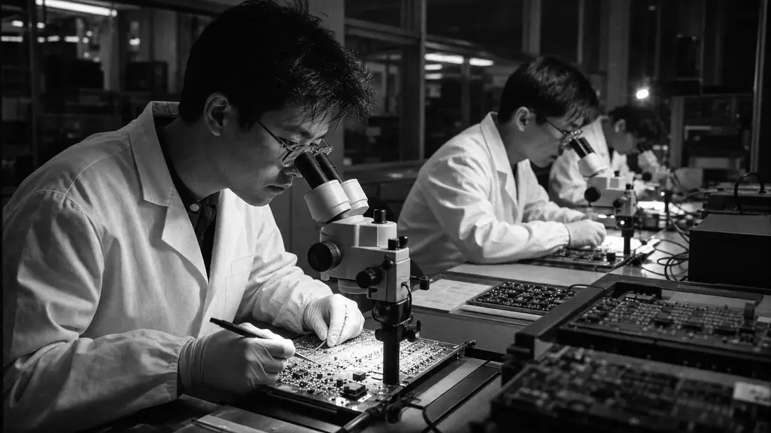 Schwarzweiß-Dokumentarfoto von Halbleiteringenieuren am Mikroskop im Labor