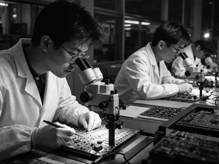 Analog Devices Inc. US0326541051 zeigt Ingenieure bei dokumentarischer Schwarzweiß-Reportage in einem Halbleiterlabor - Foto: THN