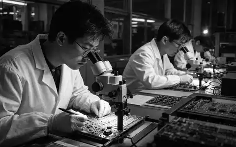 Analog Devices Inc. US0326541051 zeigt Ingenieure bei dokumentarischer SchwarzweiĂ-Reportage in einem Halbleiterlabor - Foto: THN