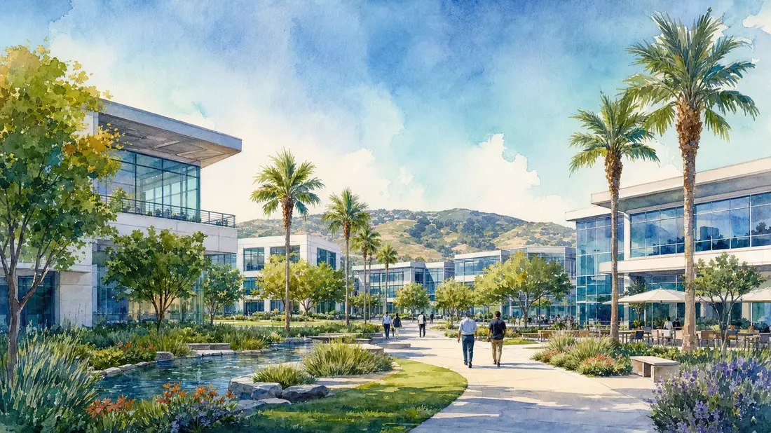 Aquarell eines Silicon-Valley-Technologiecampus mit Palmen und Glasfassaden