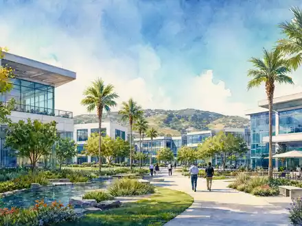 Analog Devices Inc. US0326541051 im Aquarell eines modernen Halbleiter-Technologie-Campus in Sonnenschein Kalifornien - Foto: THN