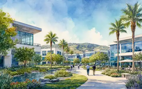 Analog Devices Inc. US0326541051 im Aquarell eines modernen Halbleiter-Technologie-Campus in Sonnenschein Kalifornien - Foto: THN