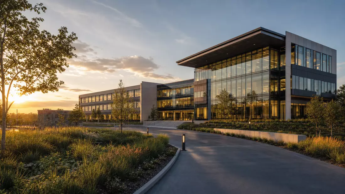 3D-Architekturrender eines modernen Technologie-Unternehmensgebäudes bei Sonnenuntergang