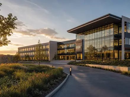 Analog Devices Inc. US0326541051 Architektur-Render eines modernen Firmensitzes mit Glas-Stahl-Fassade bei Abend - Foto: THN