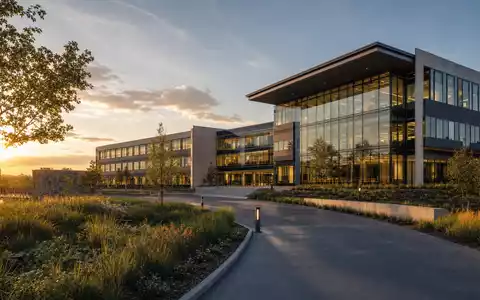 Analog Devices Inc. US0326541051 Architektur-Render eines modernen Firmensitzes mit Glas-Stahl-Fassade bei Abend - Foto: THN