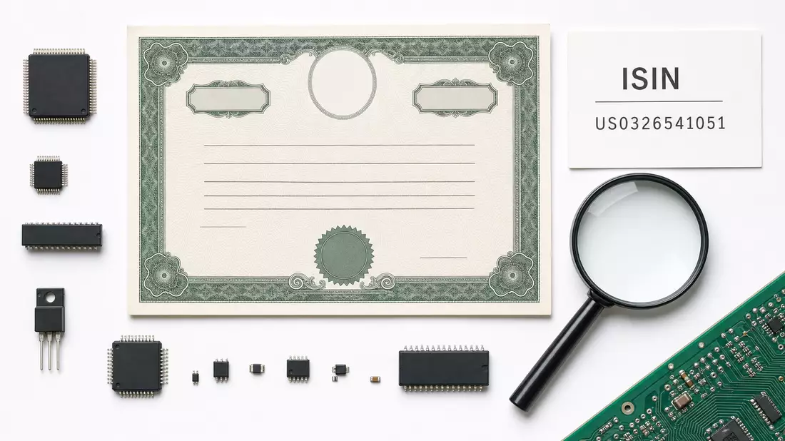 Flatlay mit Aktienzertifikat, ISIN-Karte US0326541051 und Mikrochips auf weißem Untergrund