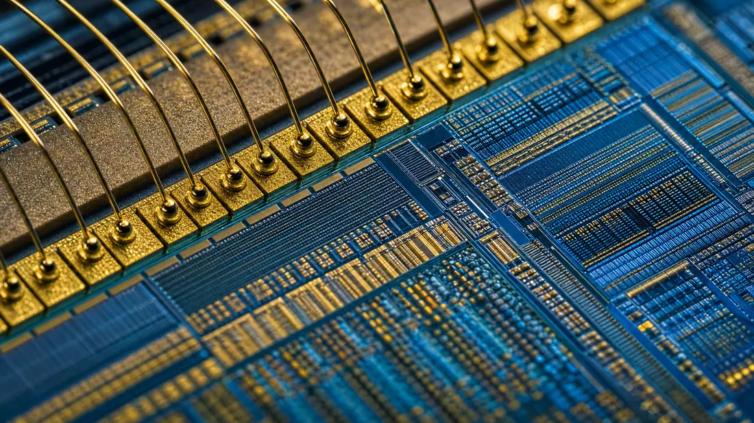 Extreme Makroaufnahme eines Halbleiter-IC mit goldenen Drahtbondungen in Blau und Gold