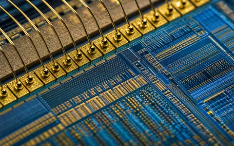 Analog Devices Inc. US0326541051 Makroaufnahme eines integrierten Schaltkreises mit feinen goldenen Drahtbondungen - Foto: THN