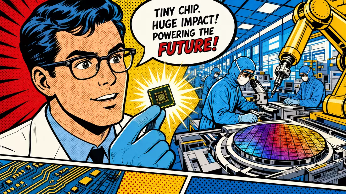 Pop-Art-Comic eines Wissenschaftlers mit glühendem Mikrochip in bunter Fabrikszene