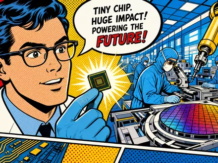 Analog Devices Inc. US0326541051 Pop-Art-Comic eines Wissenschaftlers mit leuchtendem Halbleiterchip im Reinraum - Foto: THN